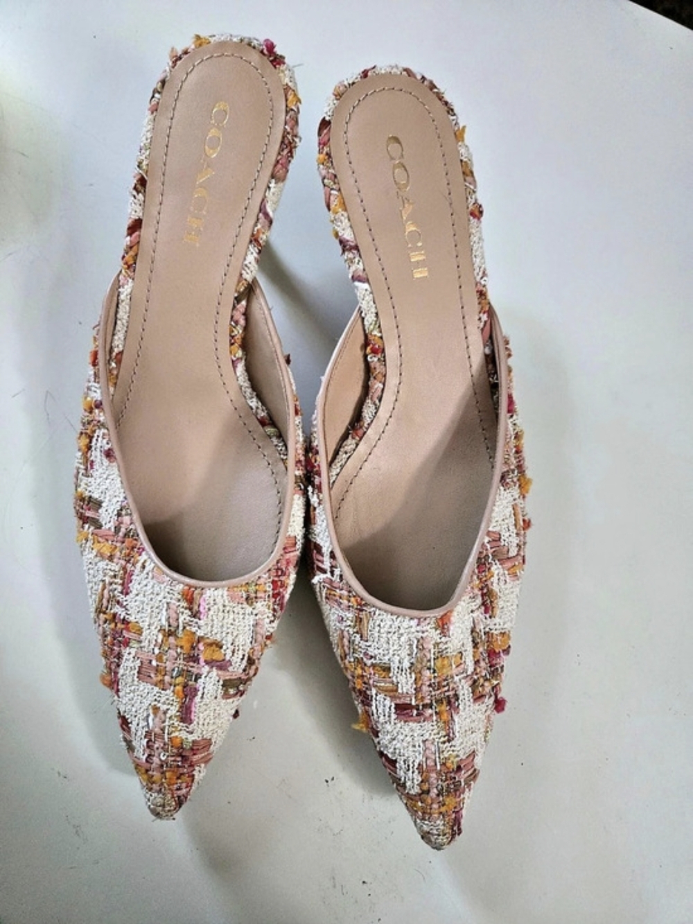 🐎Coach Renn Tweed Kitten Heel Mules Pink & White Bejeweled Sequin - Picture 4 of 11